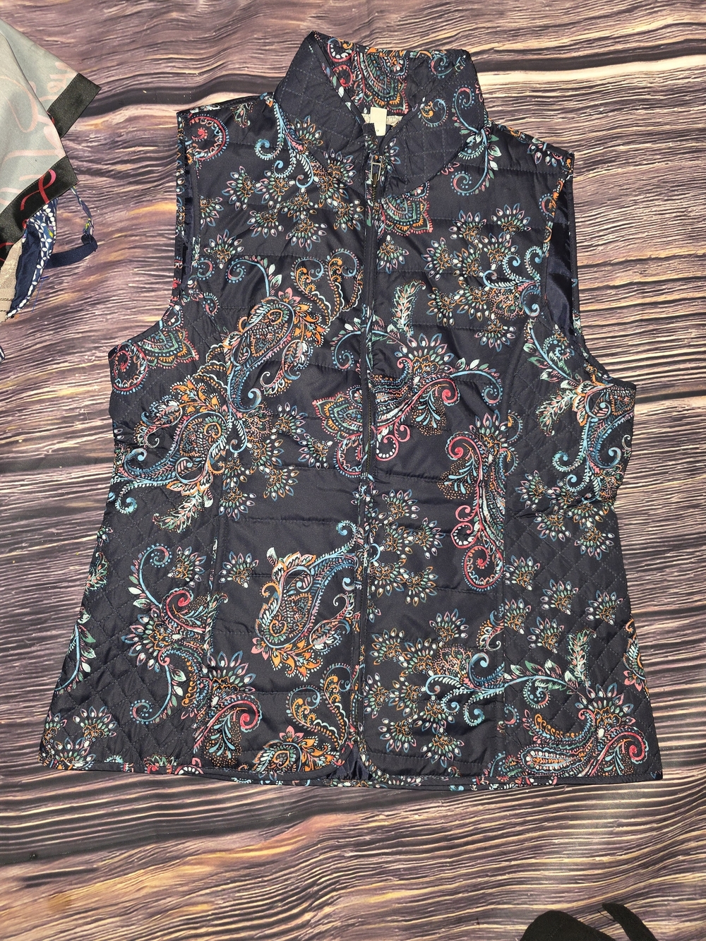 Talbots Quilted Paisley Print Vest - Navy with Teal & Coral